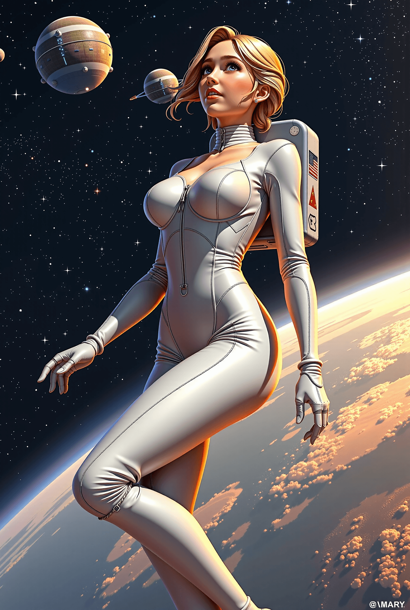 AI generated: "A female deep space explorer in a glossy skintight suit floating outside her ship, stars in backgro...