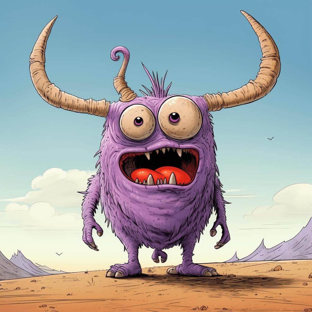 AI generated:  cartoon of a colorful creature, big eyes and big teeth, big horns, light bronze and purple schema, ...