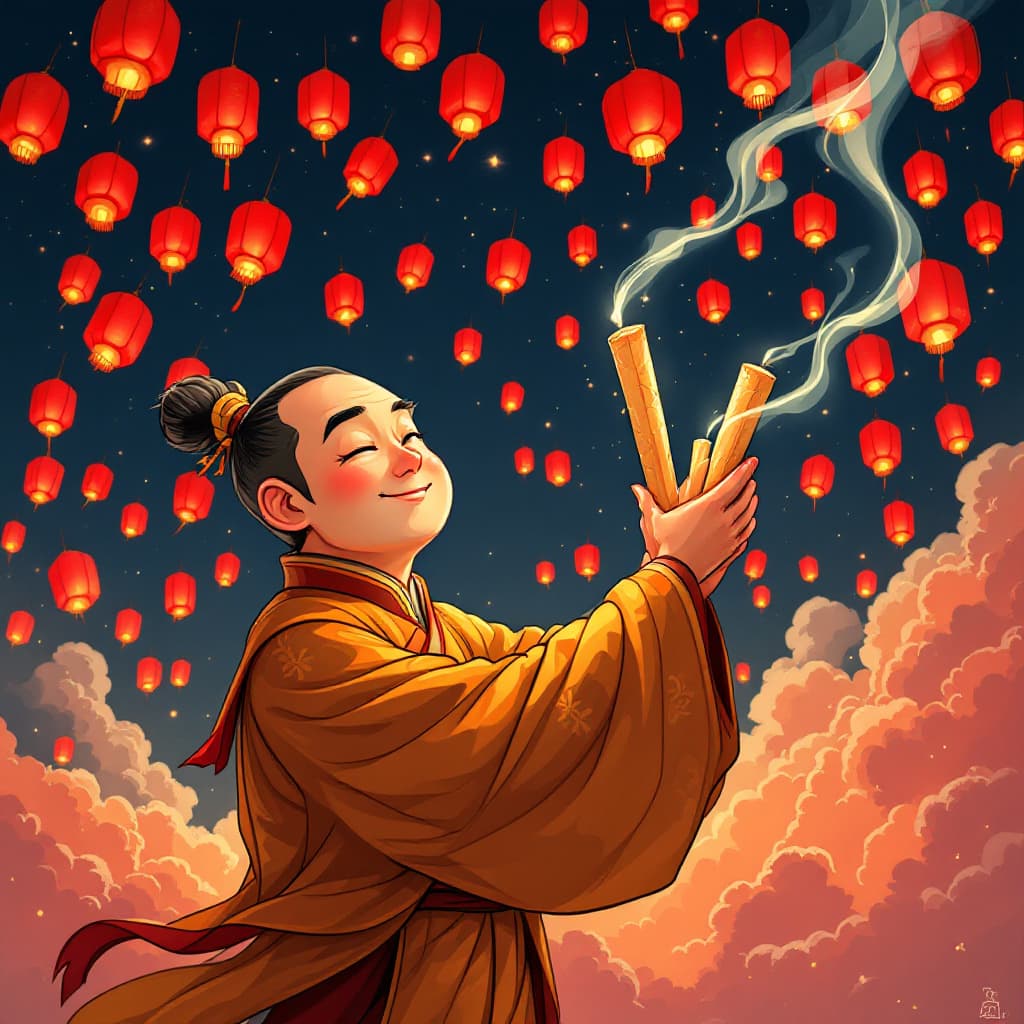AI generated: A cartoon of a Chinese Taoist priest rendered in Japan, holding three slender pillars of sandalwood,...