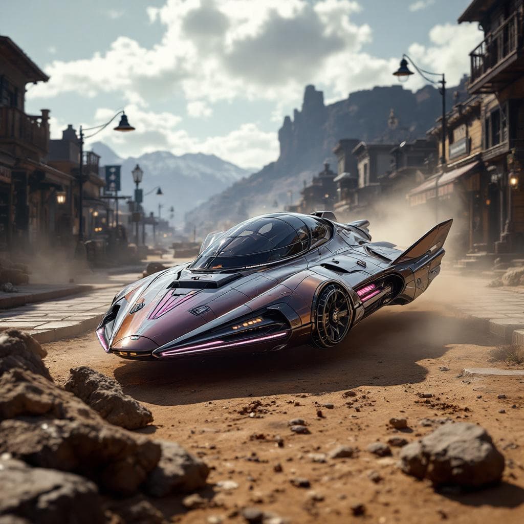 AI generated: Create a sleek, futuristic land speeder that can float across the rough terrain of the Old West. Unr...
