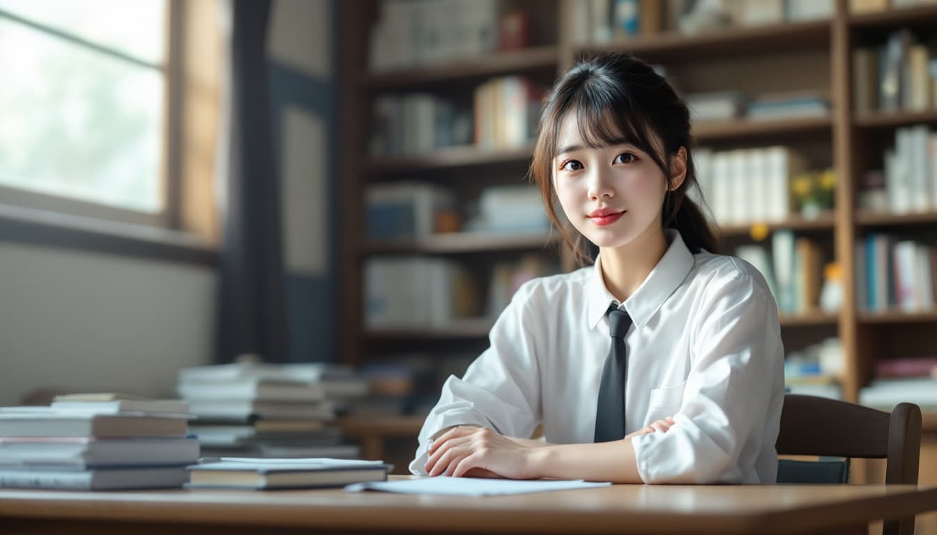 AI generated: Ultra-realistic 25old Japanese girl sitting at a wooden desk in a traditional or modern library in J...