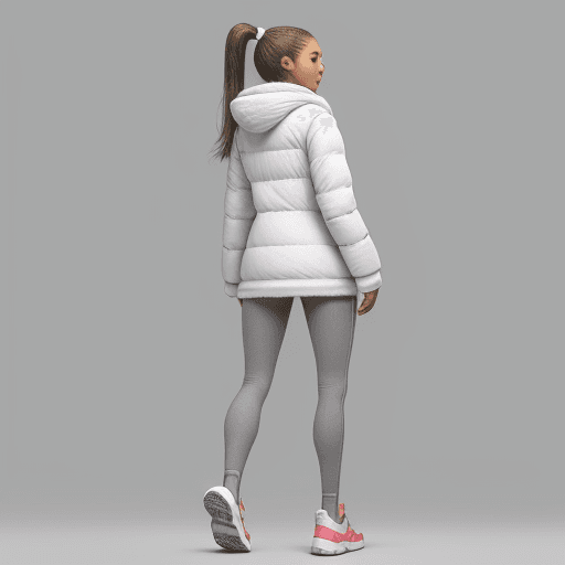 AI generated: standing up figure, fluffy winter long full toe to hand clothing, chrome outerlayer, ponytail, femal...