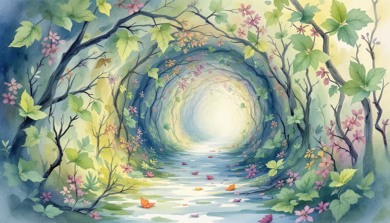 AI generated: water color work, pastel colors, a tunnel of greeneries , leaves and twigs, floating through the tun...