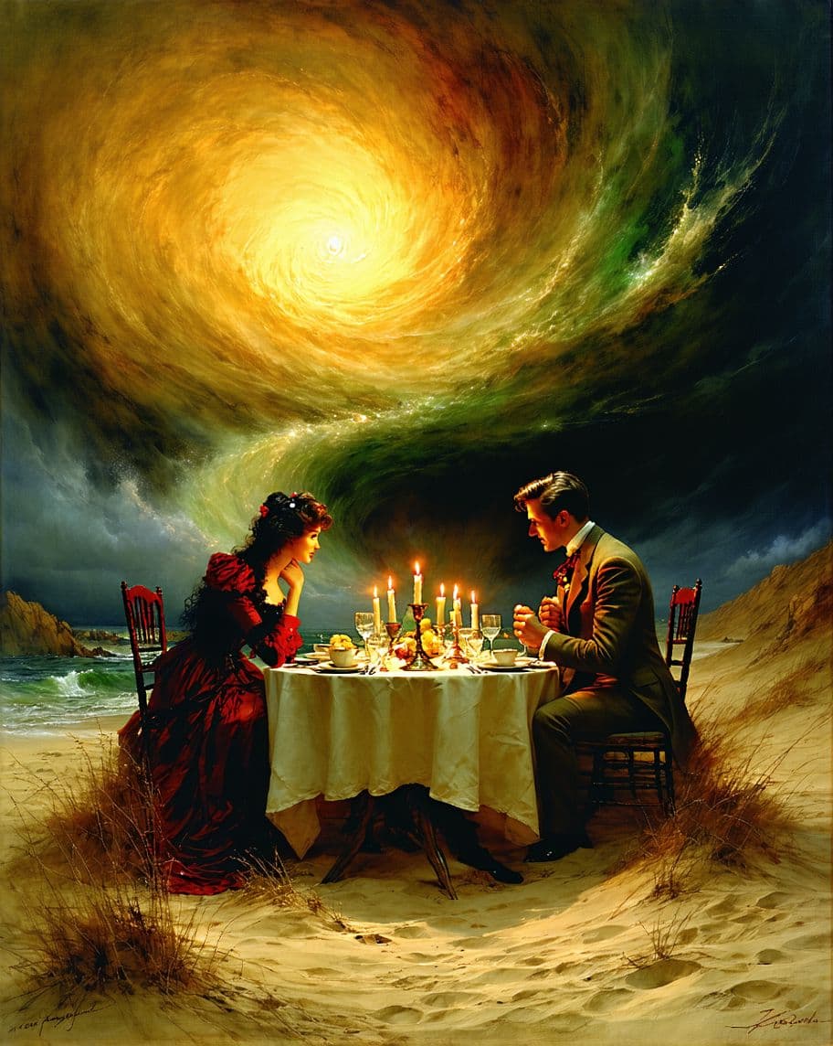 AI generated: 
Prompt: Man and woman couple dining by candlelight. Tons,vermelho, amarelo ocre,Whimsical scene Imp...