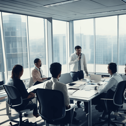 AI generated: Generate a corporation meeting in the top floor office. Background should be written ROMA ROMA GLOBA...