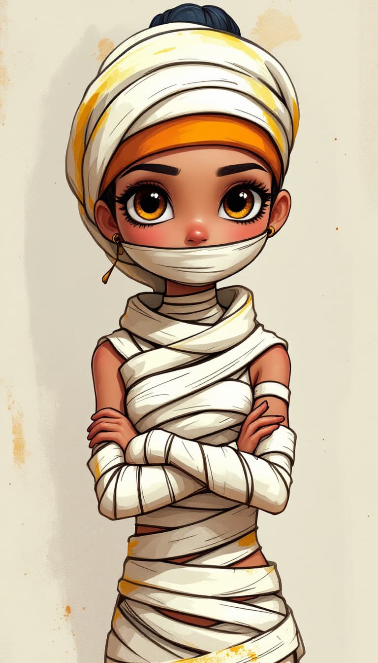 AI generated: A cartoon-style character design of an Egyptian mummy girl, with her arms crossed and wearing tradit...