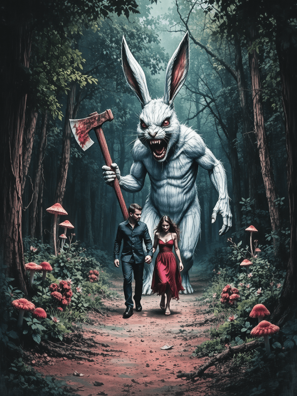 AI generated: white 20 ft tall creepy, murderous rabbit with sharp teeth and evil eyes is stalking a couple in lov...
