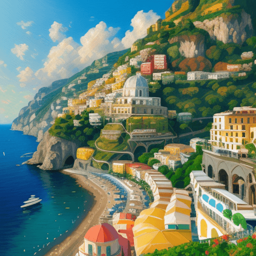 AI generated: amalfi coast, oil painting, impressionist style, sunny day, colorful buildings and domes overlooking...