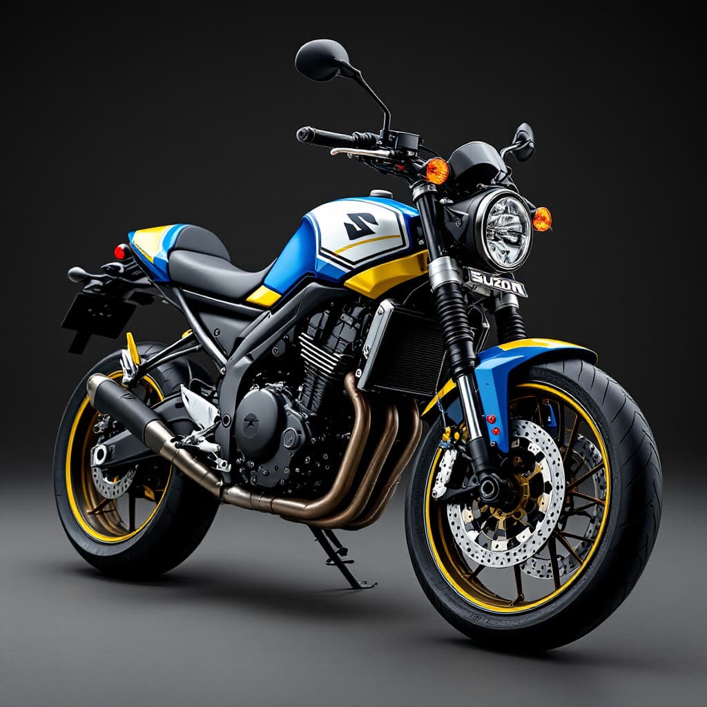 AI generated: Genera una Suzuki v Strom 1050DE anno 2023, usando i colori delle vecchie Suzuki gsx-r 750