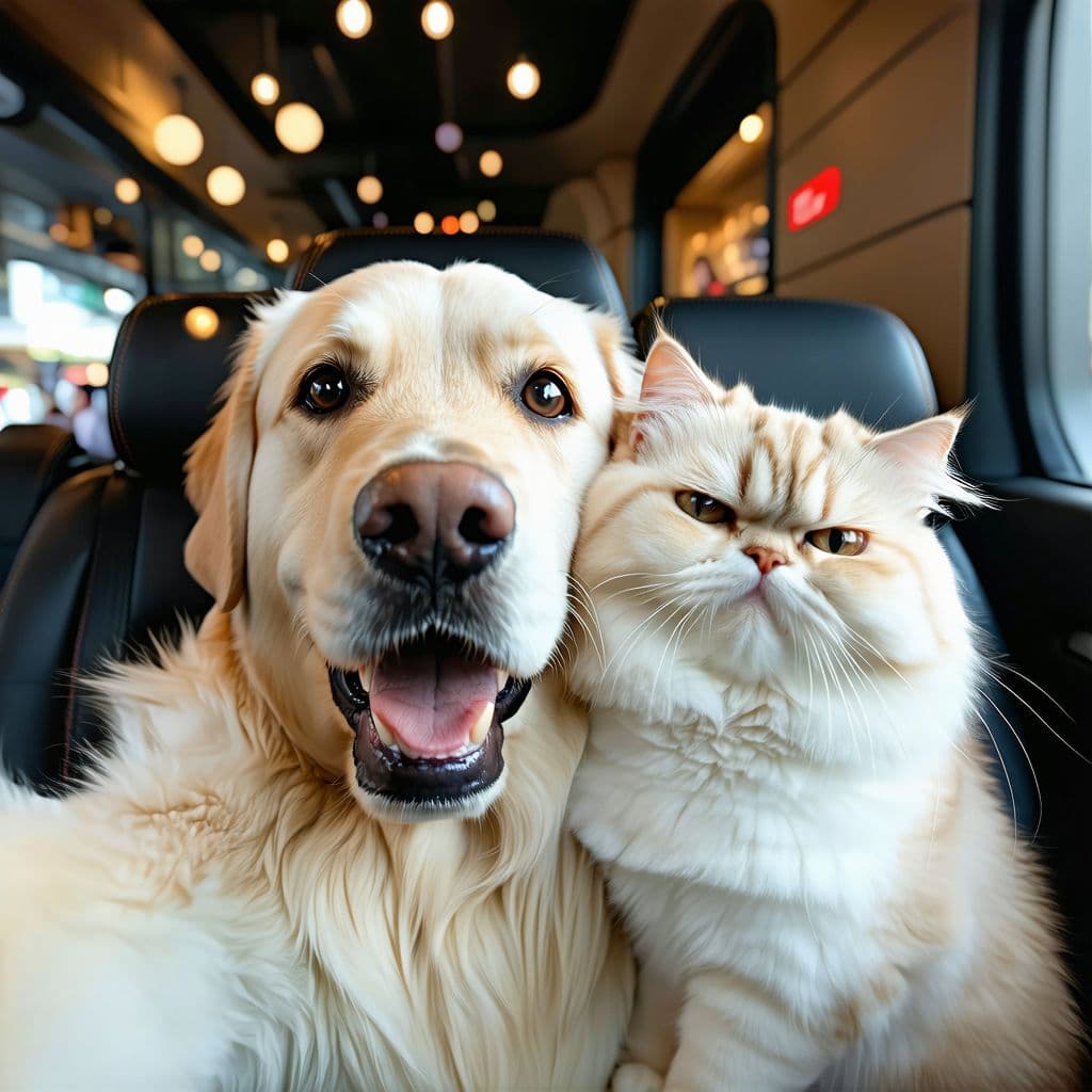 AI generated: An anthropomorphic golden Labrador retriever with big, expressive eyes and a big smile takes a selfi...