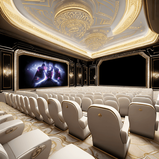 AI generated: isometric cut-out, pretty and coquettish, futuristic high-end movie theater room, 2 rows of chairs f...
