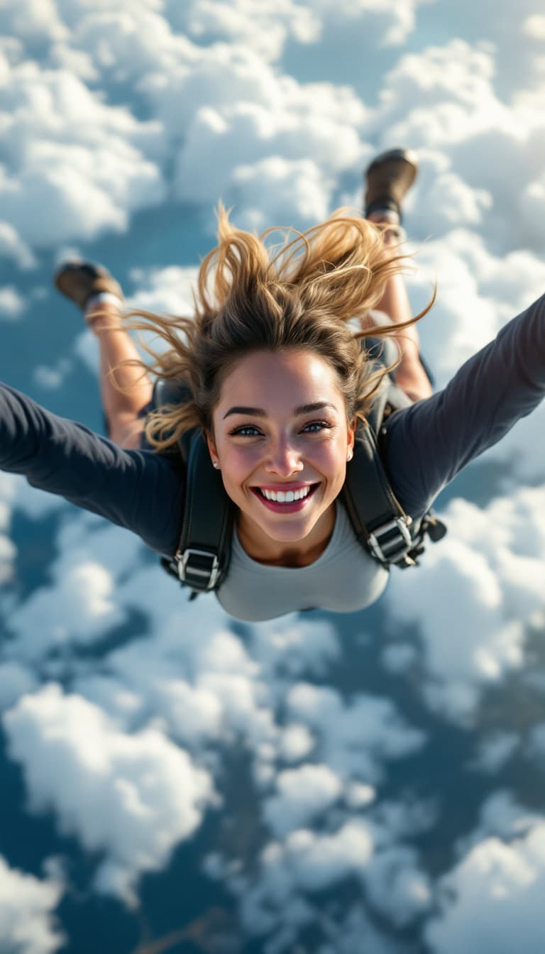 AI generated: 
Go back
female parachutist, jumping from plane, smile, selfie, motion, full body visible, detailed ...