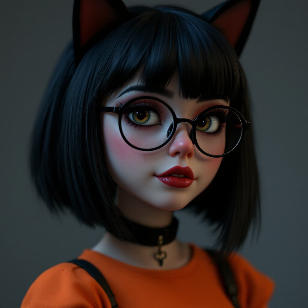 AI generated: a 3d cartoon goth girl aesthetic, velma from scooby-doo, a woman wearing eye glasses and an orange t...