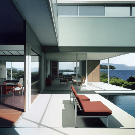 AI generated: Hyper realistic eye level exterior photo of a mid century modern style house overlooking the ocean, ...