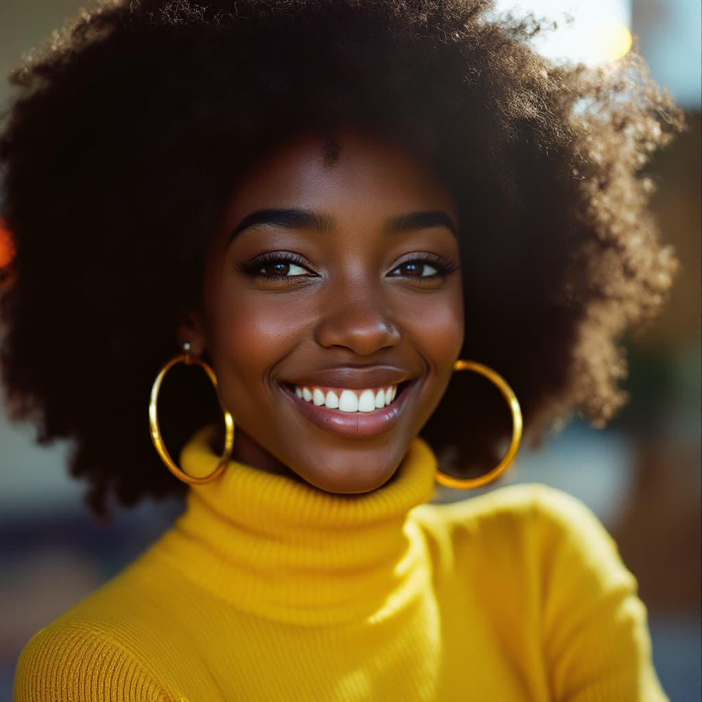 AI generated: 1 young female , happy, dark skin tone, afro hair, yellow turtle neck sweater, yellow and cyan tone,...