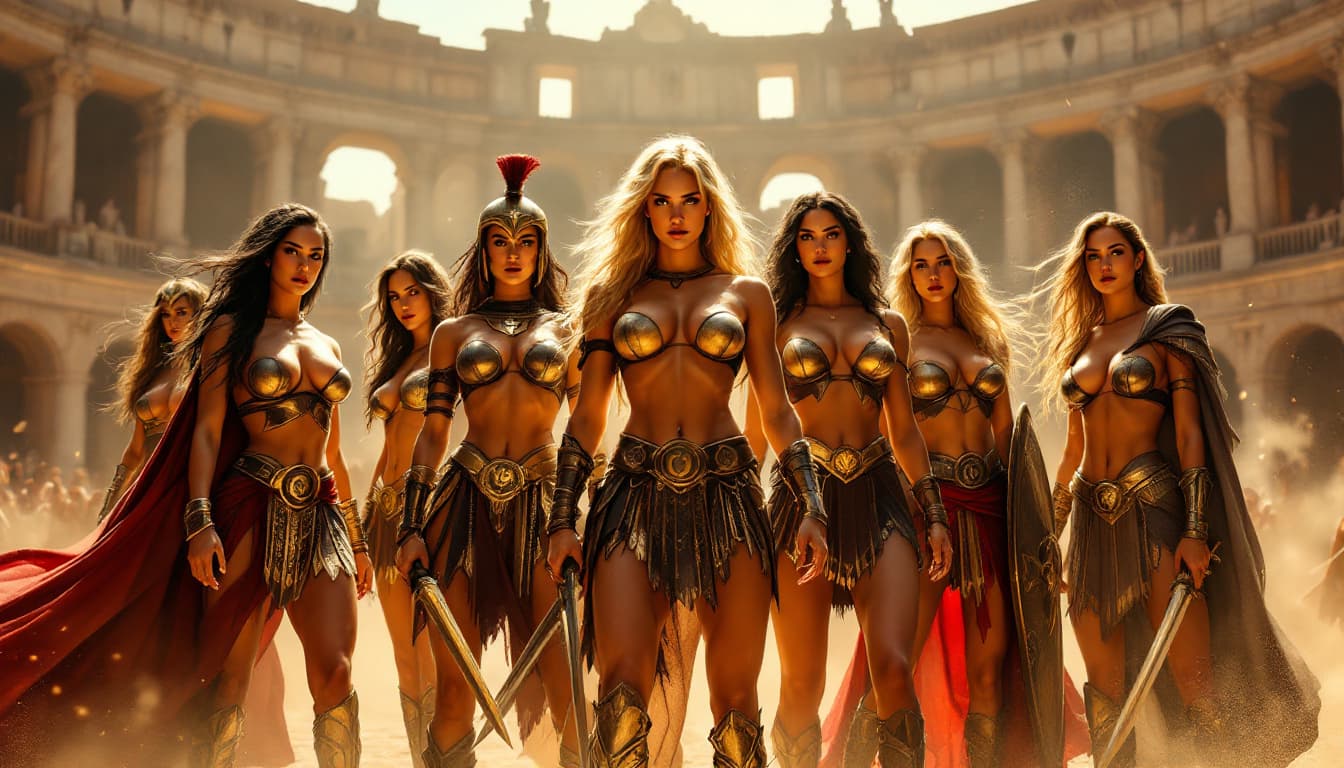 AI generated: "A group of seven fierce superheroines standing together in the heart of ancient Rome, inspired by t...