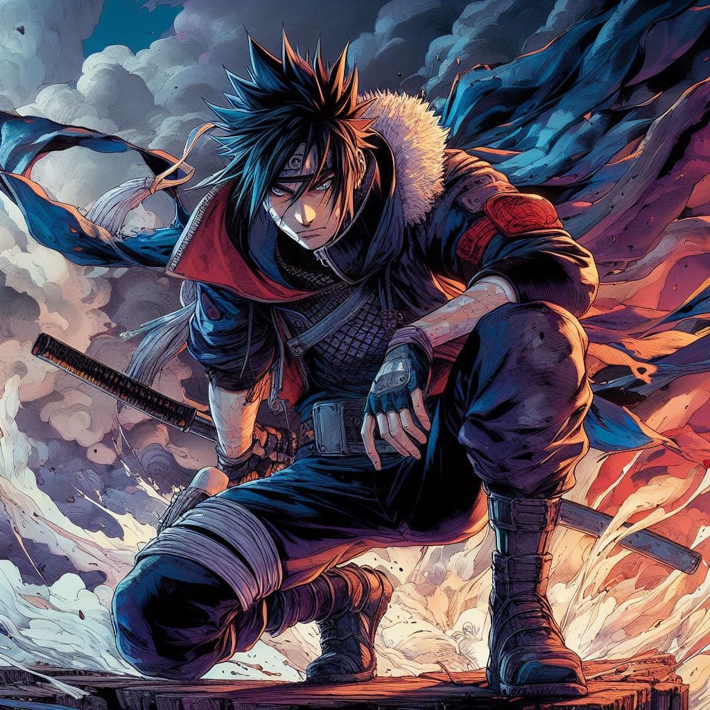 AI generated: a badass Sasuke, heavy damages, proud pose, epic composition, Ultrakill, Pragmata, konoha background...