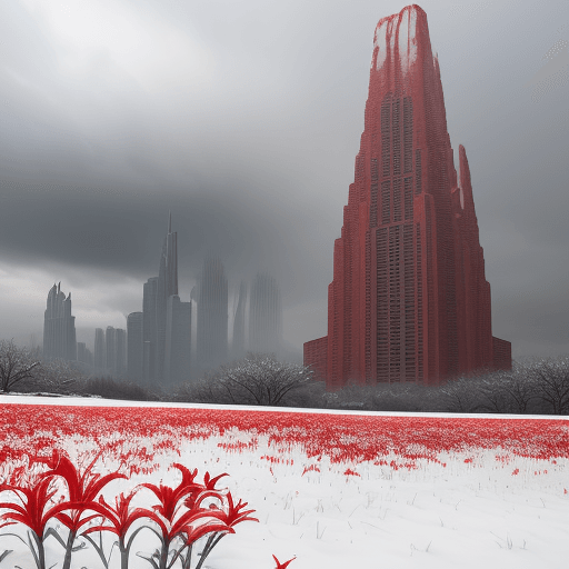 AI generated: Snow scenery, red lilies blooming, two crumbled towers in the distance, grey clouds,