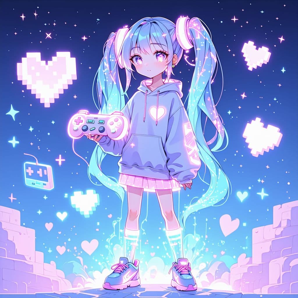 AI generated: A full-body stylized 2D kawaii illustration of a magical gamer girl with oversized dreamy eyes, stan...