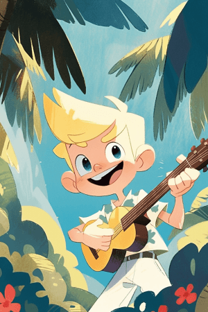 AI generated: A happy-go-lucky boy with wild blonde hair and bright blue eyes, wearing a colorful tie-dye shirt, i...