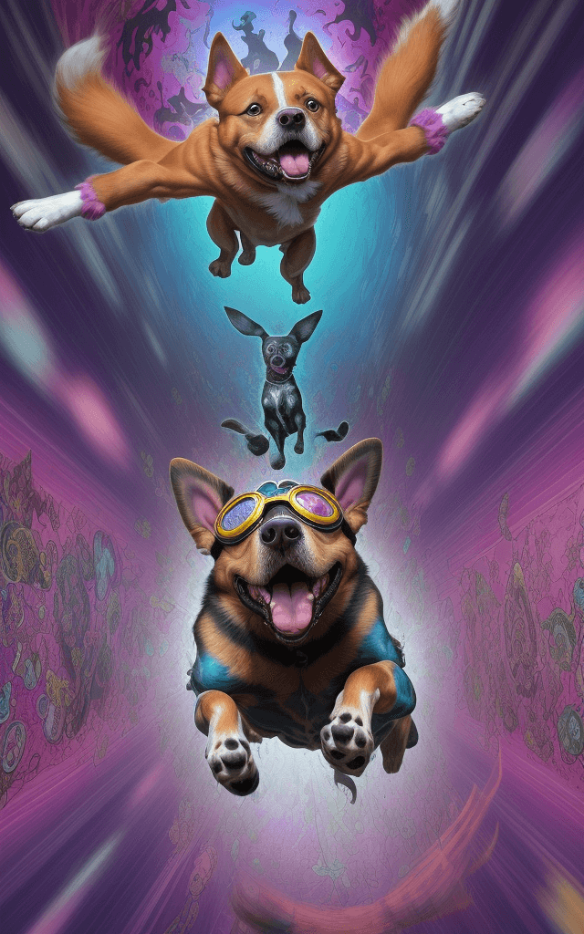 AI generated: A dog(perfect anatomy) emanating an aura of confusion performs a leap, surreal painting, contorted r...