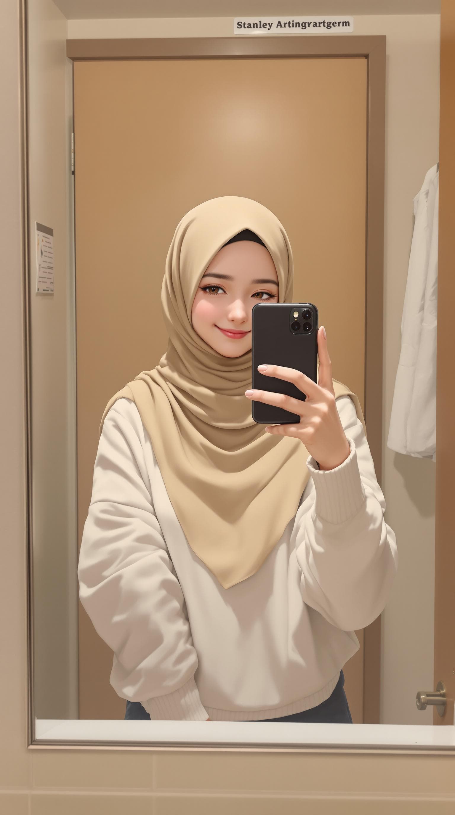 AI generated: anime, 1girl, wearing a hijab smiles, mirror selfie. wearing a white sweater and a beige hijab. The ...
