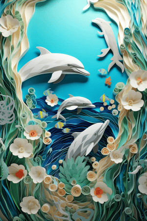AI generated: Nine curious dolphins have a leap at the top of a sparkling ocean, in the style of Austin Briggs, pl...