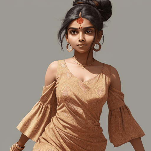 AI generated: An image of a indian girl in mid-step, her left leg forward, body angled to the side, looking over h...