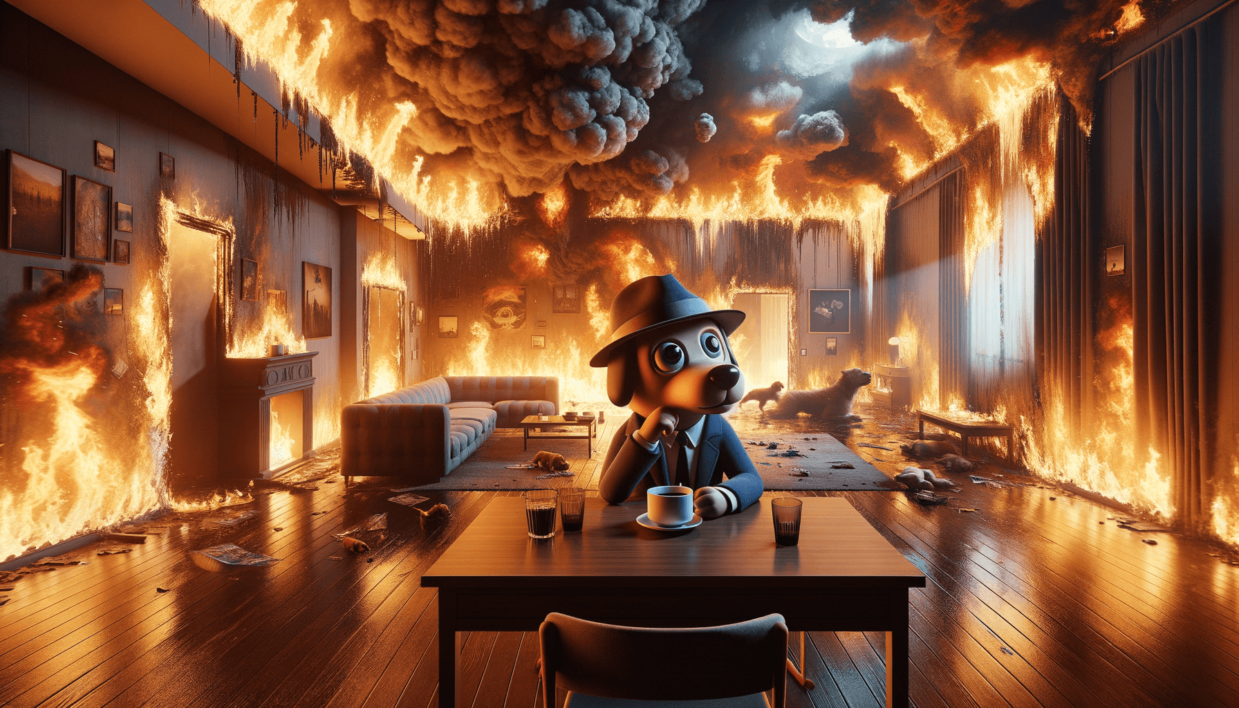 AI generated: cartoon dog with content expression wearing brown suit and brown porkpie hat sits at a table with co...