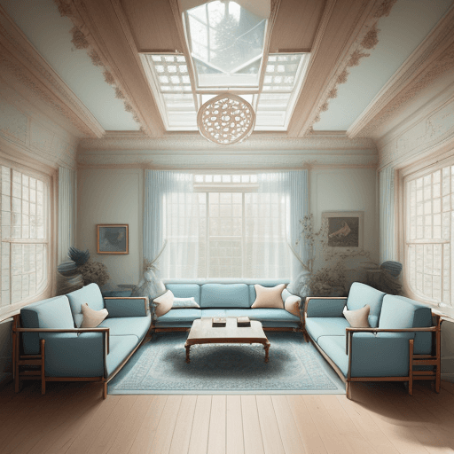 AI generated: High resolution photography interior design, dreamy sunken living room conversation pit, wooden floo...