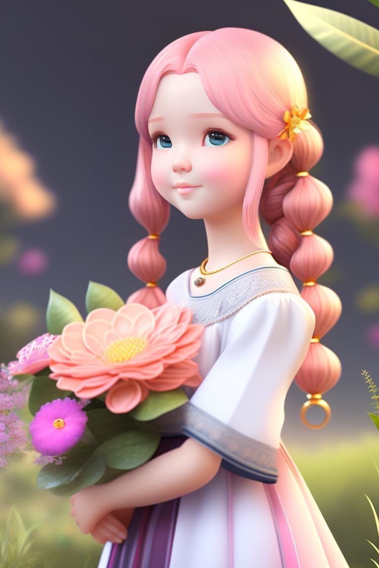 AI generated: A cute kind-hearted and nurturing young girl, with side braid pink hair, round face, soft smile line...