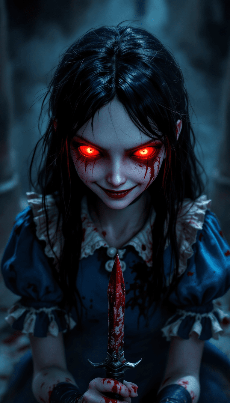AI generated: Focus on Alice Liddell from Alice: Madness Returns, smiling slightly with a furrowed brow, glowing r...