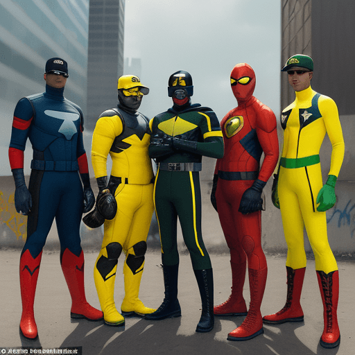 AI generated: WE ARE SEEING FIVE DIFFERENT JOHN BOYEGA'S MALES IN A RED, BLUE, YELLOW, GREEN, BLACK SPANDEX SUITS,...