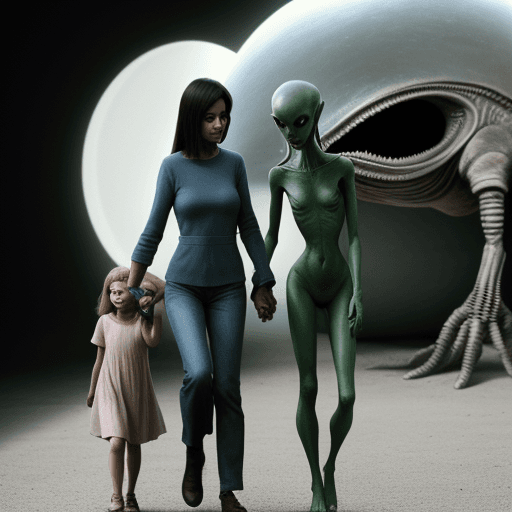 AI generated: Women walk hand by hand with an alien