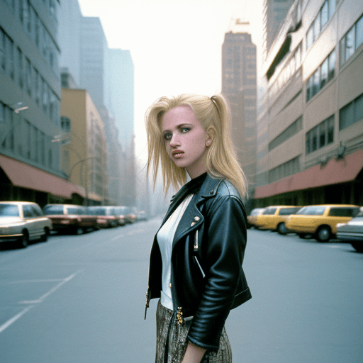 AI generated: Street style photo of a grunge style woman in the streets of 1990 Manhattan standing in front of a s...