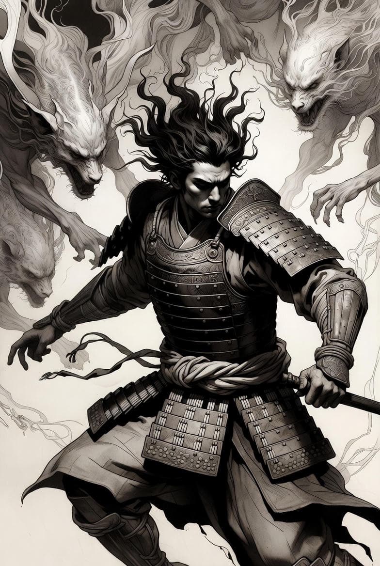 AI generated: A samurai warrior surrounded by ghostly beasts and swirling energy, drawn in Renaissance-inspired st...