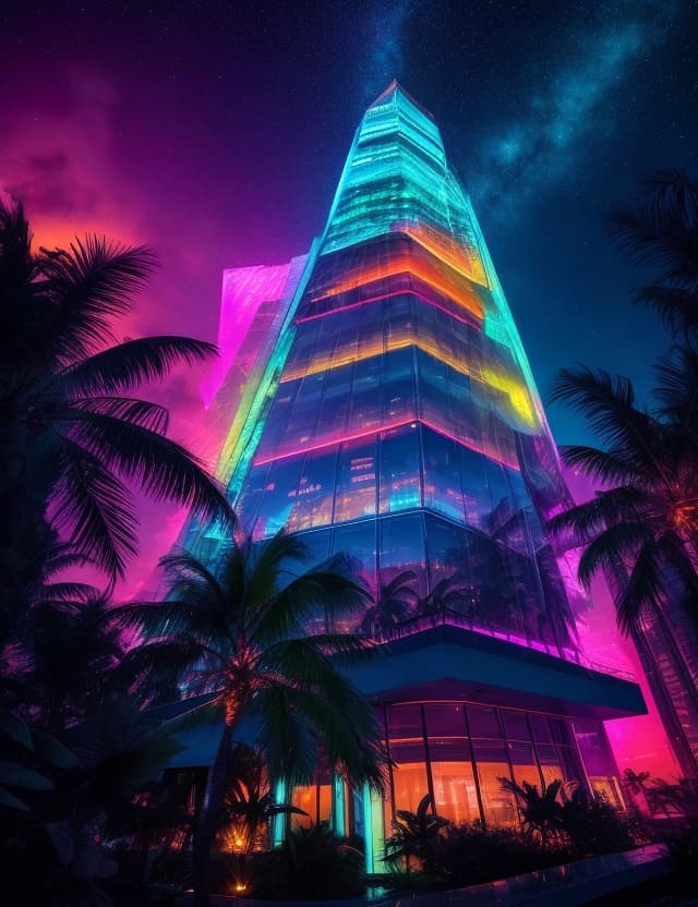 AI generated: Tropical paradise night amazing views , stars , neon glow ,a magnificent 100 story sky scraper on to...