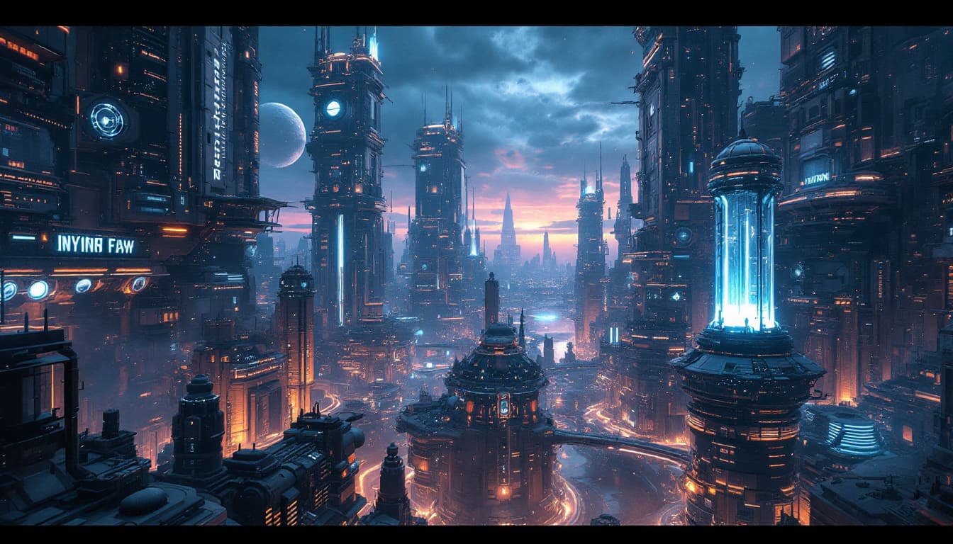 AI generated: A majestic and awe-inspiring view of the city's grand and alien infrastructure, with a sense of scal...