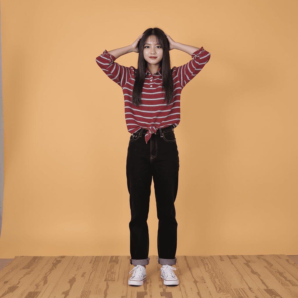 AI generated: straight hair
right hand holding hips, left hand holding back of head. standing position, legs wide...