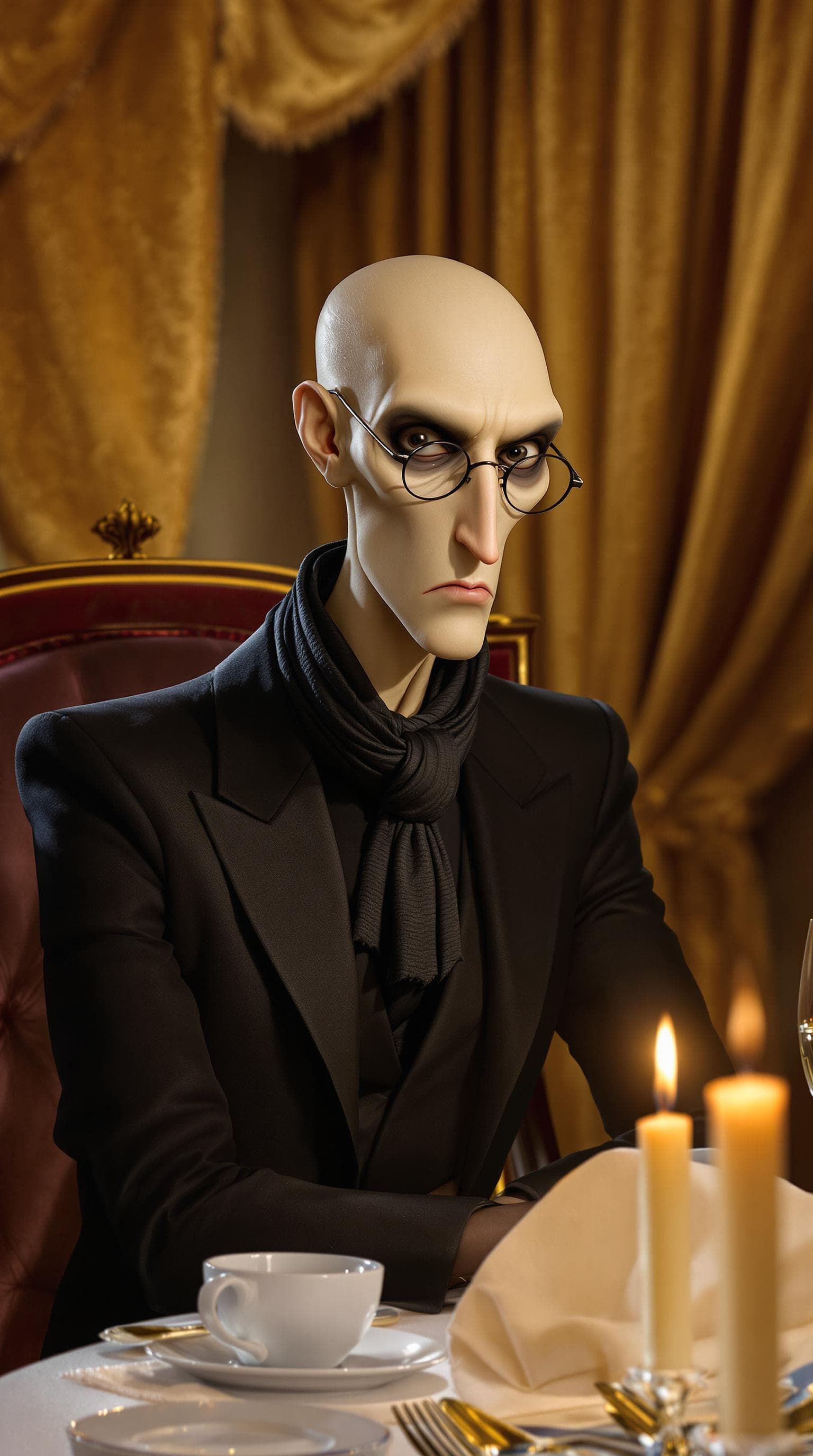 AI generated: A hyper-realistic portrait of an intimidating, slender food critic inspired by Anton Ego from Ratato...