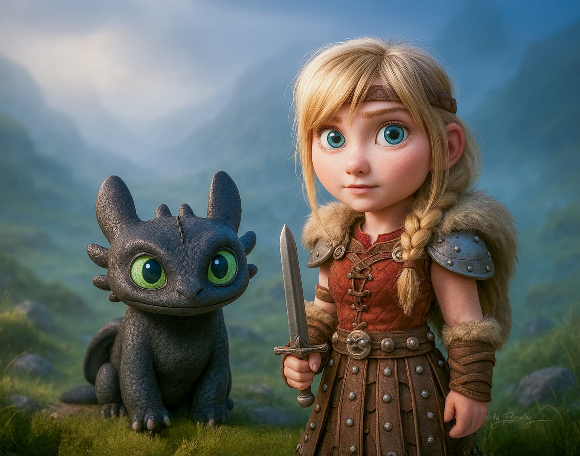 AI generated: A cute, small, black Night furry dragon, without wings, with large green eyes stands next to a Astri...