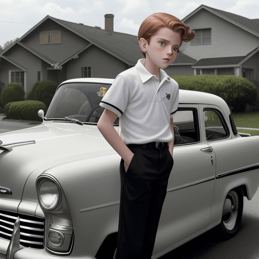 AI generated: The scene is set in a suburban road in 50s: an 11-year-old boy, with chestnut hair, who wears a blac...