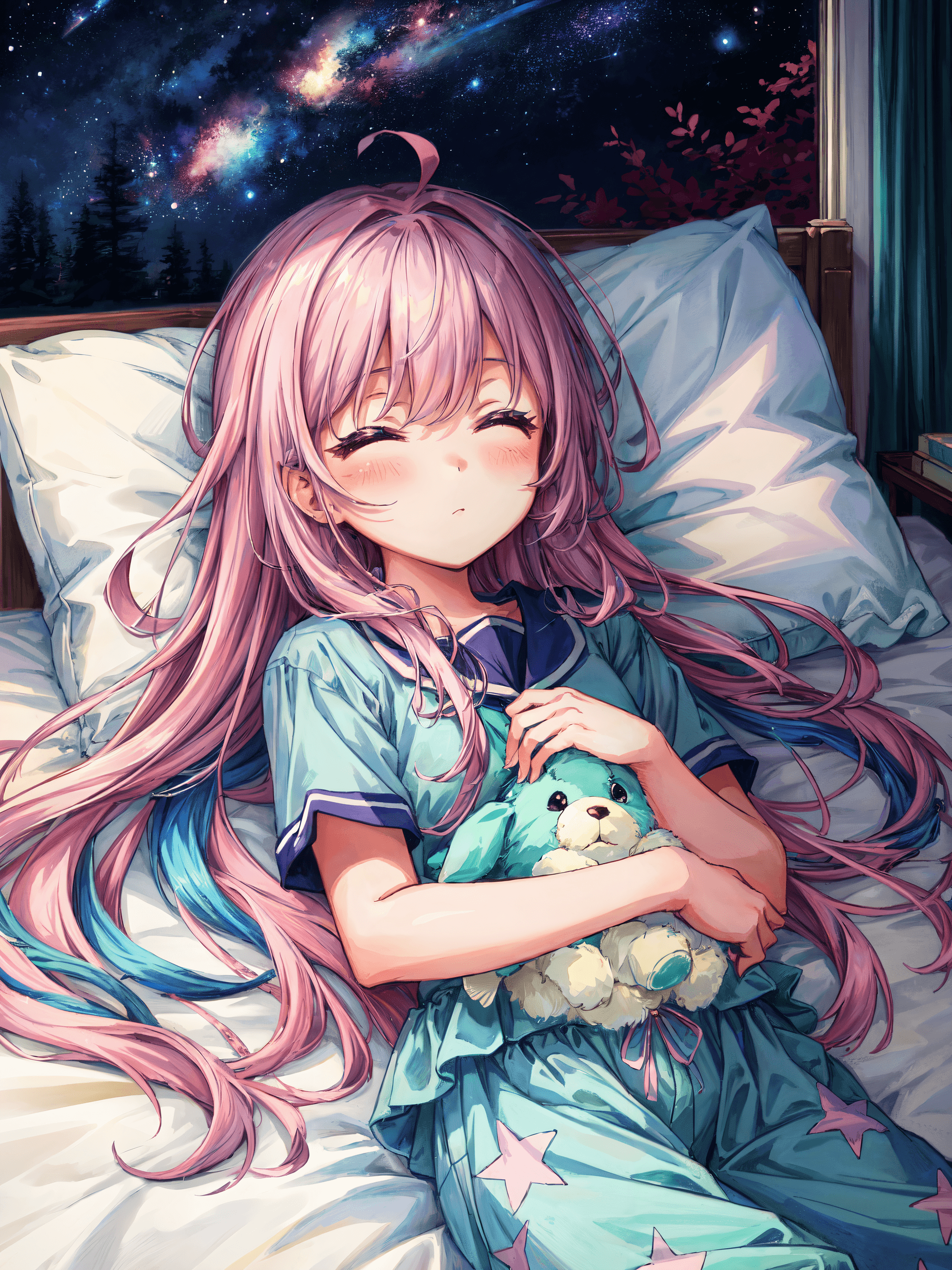 AI generated: (masterpiece, illustration:1.2) , 1girl, messy hair, long hair, pajamas, pillow, sleepy, fluffy, dre...