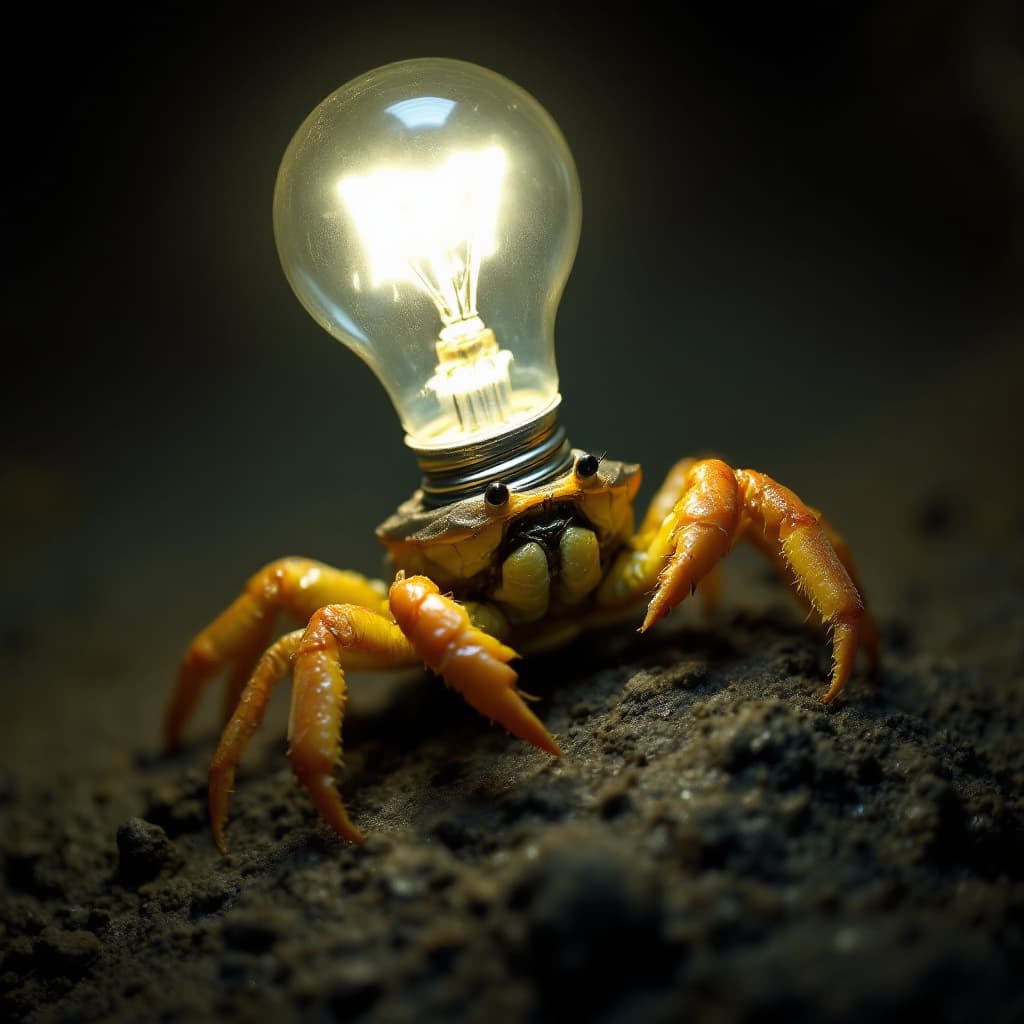 AI generated: A nighttime footage of a hermit crab using an incandescent light-bulb as its shell, Mysterious