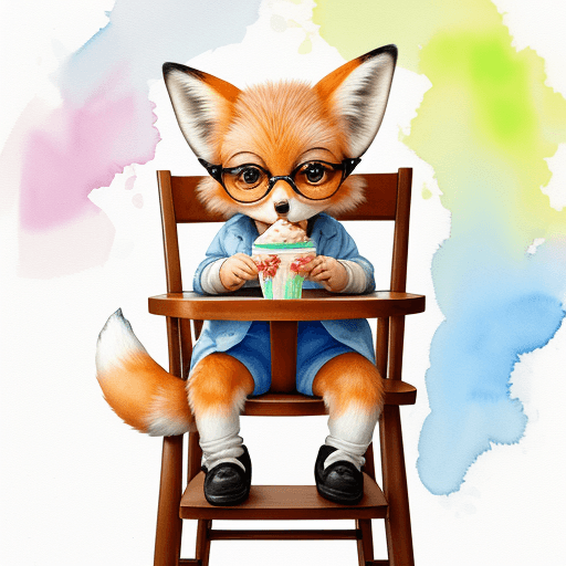 AI generated: A colorful 4K watercolor painting of baby fox wearing eyeglasses sitting on a high chair having an i...