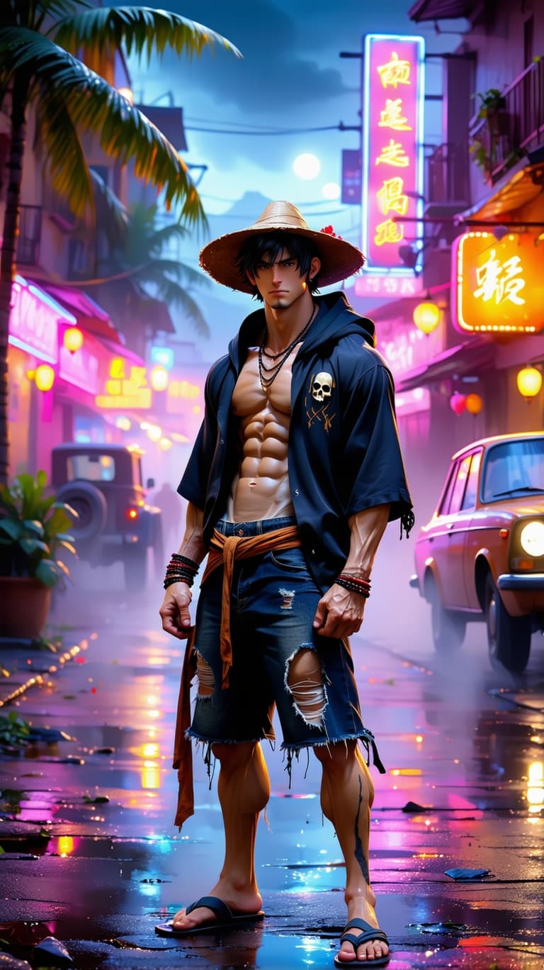 AI generated: A realistic, highly detailed portrayal of a Guko standing confidently in a lively, neon-lit street s...