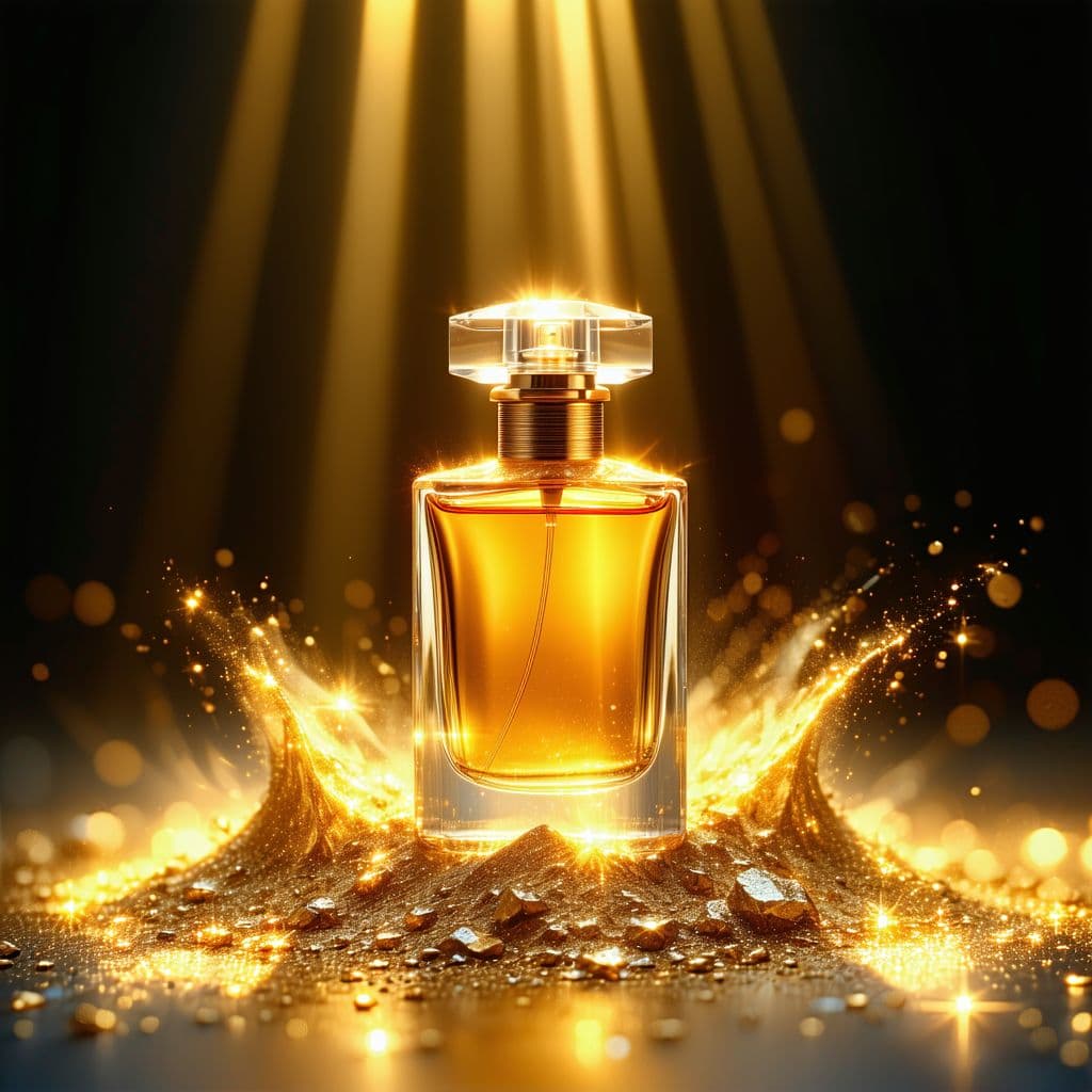 AI generated: Commercial photography, powerful gold dust explosion, luxury perfume bottle yellow sunbeam, studio l...