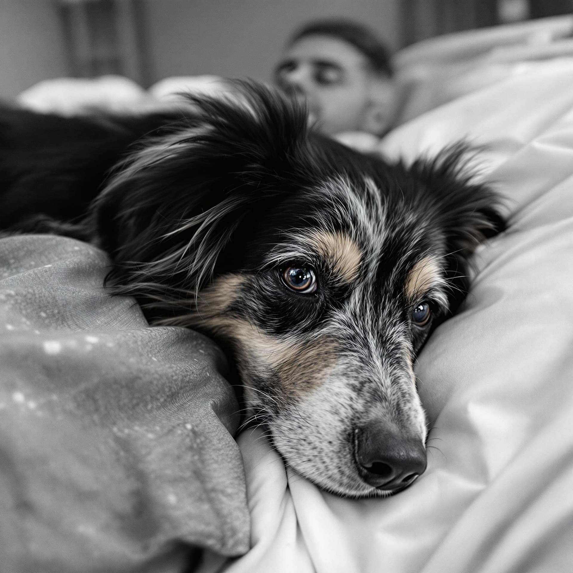 AI generated: A very old dog lies curled up on a hospital bed beside the waist of its aging male owner. Only the w...