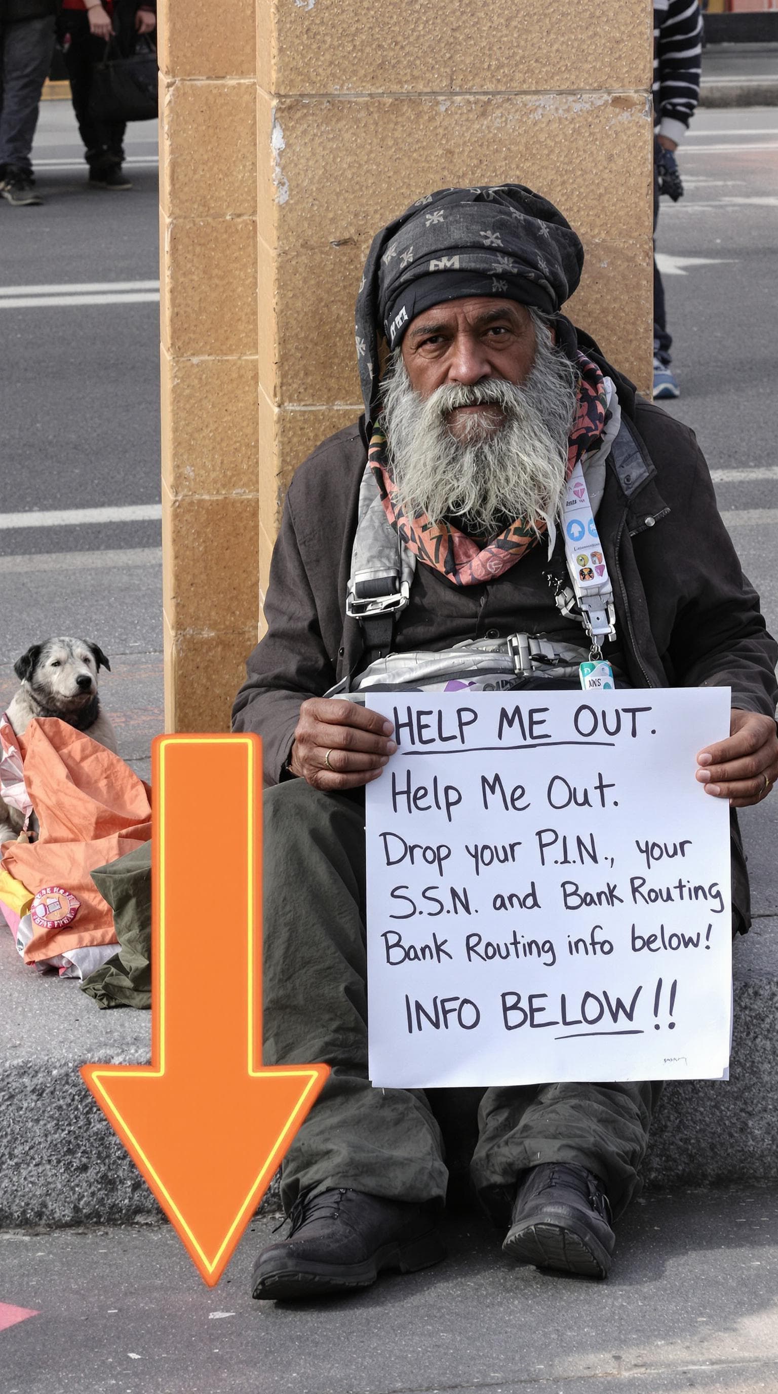 AI generated: A homeless man dressed in rags with a scruffy beard sitting on the curb, he is holding a sign that r...