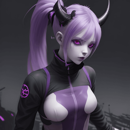 AI generated: 
beautiful girl, pretty face, pale-skinned demon girl in techwear, purple anime hair ponytail, short...
